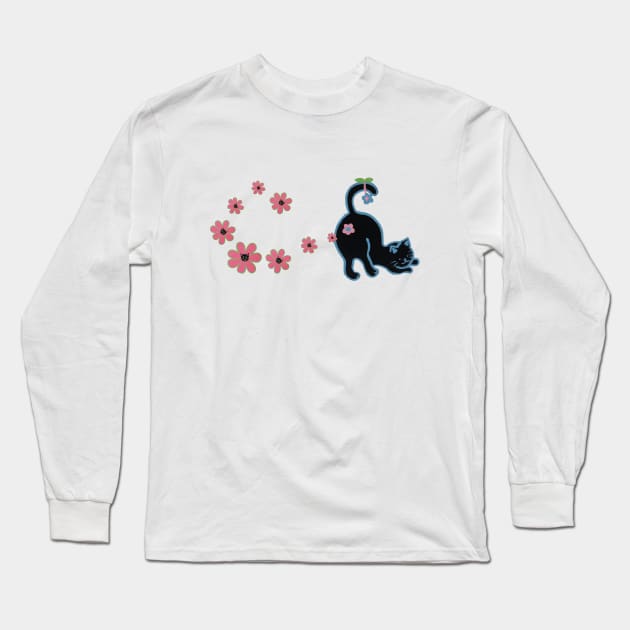 Black cat with pink flowers Long Sleeve T-Shirt by Tapood